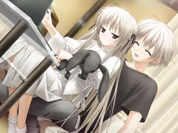 1boy 1girl ahoge ankle_socks bobby_socks brother_and_sister closed_eyes commentary_request computer dress dutch_angle grey_eyes grey_hair hair_ribbon haruka_na_sora hashimoto_takashi kasugano_haruka kasugano_sora laptop long_hair long_legs rabbit ribbon siblings sitting sitting_on_lap sitting_on_person socks twins very_long_hair yosuga_no_sora