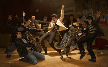 Rule 34 | 2026, 6+boys, absurdres, arm up, artist name, belt, black hair, black jacket, black pants, black shirt, black shoes, brown belt, cardboard instrument, cigarette, closed eyes, commentary, cyborg, dancing, deimos art, denim, dog, drum, drumsticks, english commentary, fallout, fallout: new vegas, food, german shepherd, glint, grin, highres, holding, holding drumsticks, holding food, holding microphone, instrument, jacket, jar, jeans, kneeling, leather, leather jacket, long sleeves, looking at animal, male focus, microphone, microphone stand, multiple boys, music, open mouth, outstretched arm, pants, pants rolled up, pompadour, poster (object), realistic, rex (fallout: new vegas), sandwich, shirt, shoes, short hair, singing, smile, spotlight, stage, standing, standing on one leg, striped clothes, striped shirt, sunglasses, the king (fallout: new vegas), the kings (fallout), tiptoes, very short hair, vintage microphone, white jacket, wooden floor