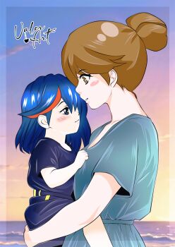 1girl absurdres adoption alternate_universe baby black_hair brown_eyes brown_hair child commission family highres kill_la_kill los_angeles mankanshoku_sukuyo matoi_ryuuko mature_female motherly multicolored_hair queen red_hair streaked_hair sunset valerartista