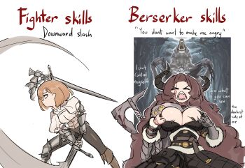 2girls absurdres armor axe battle_axe black_pants boots bracer breasts broken_horn brown_boots brown_hair centurii-chan closed_eyes commentary comparison english_commentary english_text facial_mark fur_trim gauntlets greaves highres horns knee_boots large_breasts long_hair multiple_girls open_mouth original pants sharp_teeth short_hair single_bracer single_gauntlet single_greave swinging_weapon sword tearing_clothes teeth torn_clothes v-shaped_eyebrows very_long_hair weapon wolf