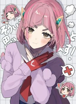 1girl :i :t blush brown_eyes cardigan chibi chibi_inset closed_mouth collared_shirt commentary_request eyelashes gloves grid_background hair_ornament hairclip highres lacey_(pokemon) looking_at_viewer multiple_views neckerchief nintendo open_cardigan open_clothes pink_hair pokemon pokemon_sv pout purple_cardigan red_gloves red_neckerchief revision shirt single_glove spoken_x translation_request ume_(ume_445) v-shaped_eyebrows white_shirt