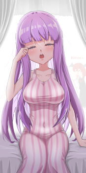 1girl absurdres bed breasts closed_eyes commentary_request covered_navel curtains dress highres large_breasts long_hair no_headwear on_bed open_mouth patchouli_knowledge purple_hair rubbing_eyes sitting sleepy solo striped_clothes striped_dress tamahuku_0911 touhou vertical-striped_clothes vertical-striped_dress very_long_hair