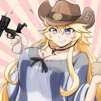 1girl blonde_hair brown_hat colt_single_action_army commentary_request cowboy_hat cowgirl_(western) gun handgun hat highres holding_toy_gun iowa_(kancolle) iowa_(setsubun)_(kancolle) kantai_collection long_hair official_alternate_costume purple_eyes revolver setsubun shirt smile solo star-shaped_pupils star_(symbol) striped_clothes striped_shirt symbol-shaped_pupils textless_version tofu_donburi toy_gun weapon