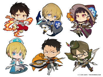 2019 2girls 4boys aiming akitaru_oubi arthur_boyle barefoot black_hair blonde_hair blue_eyes book bow_(weapon) brown_hair chibi cleric en'en_no_shouboutai fire glasses halberd hat holding holding_polearm holding_weapon iris_(en'en_no_shouboutai) iris_(enen_no_shouboutai) kicking maki_oze monk multiple_boys multiple_girls nozaki_tsubata nurse_cap official_art paladin polearm pyrokinesis ranger red_eyes shield shinra_kusakabe sword takehisa_hinawa warrior weapon witch witch_hat