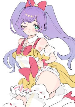 1girl :p absurdres ahoge bare_shoulders blush_stickers bow collar commentary_request detached_collar detached_sleeves dress dress_bow green_eyes hair_bow highres hyakumangoku_masurao large_bow long_hair looking_to_the_side manaka_laala multicolored_dress no_pupils one_eye_closed panties panty_peek pink_dress pretty_series pripara puffy_short_sleeves puffy_sleeves purple_hair see-through_clothes see-through_sleeves short_dress short_sleeves simple_background sitting sleeveless sleeveless_dress smile solo straight_hair striped_clothes striped_dress tareme thighhighs tongue tongue_out treble_clef twintails underwear vertical-striped_clothes vertical-striped_dress very_long_hair white_background white_collar white_dress white_panties white_thighhighs wrist_bow yellow_dress
