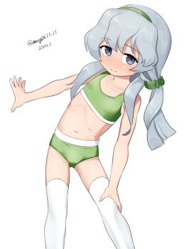 1girl absurdres bikini commentary_request dated flat_chest green_bikini green_hairband grey_eyes grey_hair hairband hand_on_own_thigh highres kantai_collection leaning_to_the_side long_hair maru_(marg0613) one-hour_drawing_challenge simple_background solo sports_bikini swimsuit thighhighs twitter_username wavy_hair white_background white_thighhighs yamagumo_(kancolle)