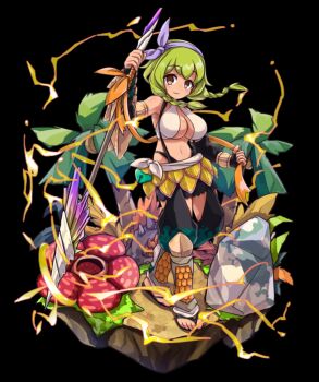 1girl absurdres bare_shoulders bikini bikini_top_only black_background black_gloves blush braid breasts brown_eyes cleavage closed_mouth elbow_gloves fingerless_gloves flower full_body gloves green_hair hairband halterneck hand_up highres holding holding_polearm holding_weapon knee_guards large_breasts lightning low_twin_braids merc_storia merc_storia_art_team minmi_(merc_storia) navel official_art orange_ribbon palm_tree polearm purple_ribbon red_flower ribbon sandals sash shin_guards simple_background smile solo standing swimsuit tachi-e tree twin_braids weapon white_sash