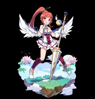 1girl :3 angel angel_wings black_background breasts brown_eyes brown_hair cleavage cloud corset dress fang feathered_wings flower flying full_body gloves halo hand_up high_heels high_ponytail highres holding holding_polearm holding_weapon large_breasts leaf long_hair lotus merc_storia merc_storia_art_team official_art pink_flower polearm ponytail shante_(merc_storia) short_dress sidelocks simple_background smile solo strapless strapless_dress tachi-e v-shaped_eyebrows weapon white_corset white_gloves white_wings wings