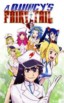 Rule 34 | 6+girls, absurdres, adjusting clothes, adjusting gloves, armor, bambietta basterbine, bare shoulders, belt, black belt, black socks, bleach, bleach: sennen kessen-hen, blonde hair, blue ribbon, blue skirt, bow, breasts, brooch, brown eyes, candice catnipp, collared shirt, commentary, commission, crossover, dress, elbow gloves, english commentary, english text, erza scarlet, fairy tail, fairy tail logo, gairon, gloves, gradient background, green background, green eyes, green hair, grin, hair between eyes, hair ornament, hair ribbon, hairband, hand up, hat, heart, heart brooch, highres, holding, holding sword, holding weapon, jacket, jewelry, large breasts, levy mcgarden, liltotto lamperd, long hair, long sleeves, looking at viewer, lucy heartfilia, medium hair, meninas mcallon, military, military hat, military uniform, miniskirt, multiple girls, orange bow, orange dress, outstretched arms, peaked cap, pink bow, pink eyes, pink hair, pouch, purple eyes, purple hair, red shirt, ribbon, shirt, short hair, side ponytail, signature, skirt, sleeveless, sleeveless shirt, small breasts, smile, socks, spread arms, sword, twintails, very long hair, wandenreich uniform, waving, weapon, wendy marvell, white background, white bow, white gloves, white hat, white jacket, white shirt, yellow eyes