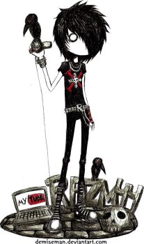 1boy 2000s_(style) bird crow demiseman emo emo_artstyle emo_boy emo_hairstyle full_body hair_over_one_eye