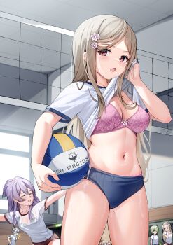 2_ru 6+girls absurdres aika_himena azumi_hagumu ball black_bra blue_buruma blush bra bra_visible_through_clothes breasts brown_hair buruma cleavage clothes_lift commentary_request cowboy_shot film_grain floral_print_bra flower gym gym_shirt gym_uniform hair_flower hair_ornament hand_up highres holding holding_ball indoors kagura_san kurusu_alexandra large_breasts lifting_own_clothes linea_alba long_hair looking_at_viewer magia_record:_mahou_shoujo_madoka_magica_gaiden mahou_shoujo_madoka_magica miyabi_shigure multiple_girls navel open_mouth panties panties_under_buruma panty_peek parted_bangs pink_bra pink_eyes pink_flower pink_panties see-through_clothes see-through_shirt shirt shirt_lift short_sleeves solo_focus standing stomach sweat sweaty_clothes underwear volleyball_(object) volleyball_net white_shirt wiping_face wiping_sweat wiping_with_clothes yukari_miyuri