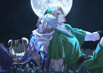 2boys back-to-back bandaged_chest bandaged_hand bandaged_head bandages black_gloves blonde_hair blue_eyes full_body genderswap genderswap_(ftm) gloves green_hat green_tunic hair_over_one_eye hat holding holding_instrument holding_lyre instrument kurokawa_karasu link lyre multiple_boys nintendo parted_bangs phrygian_cap red_eyes scarf sheik short_hair the_legend_of_zelda the_legend_of_zelda:_ocarina_of_time tunic white_scarf