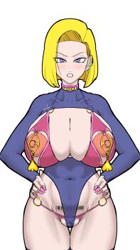 android android_18 barcode barcode_tattoo blonde_hair blue_eyes cheating_(relationship) choker choker_bikini clitoris dragon_ball dragon_ball_super dragonball_z n92go nail_polish netorare nipple_piercing nipples piercing prostitution pubic_tattoo race_fetishism spade spades tattoo