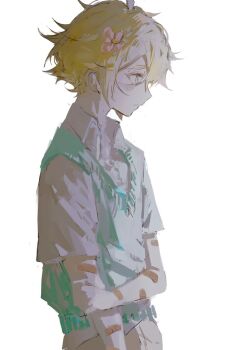 1boy ahoge androgynous bandaid bandaid_on_arm bare_arms basil_(faraway)_(omori) basil_(omori) blonde_hair blue_eyes brown_pants closed_mouth collared_shirt commentary cowboy_shot flipped_hair from_side frown green_sweater_vest hair_between_eyes hand_on_own_arm looking_ahead male_focus omori pale_skin pants profile raised_inner_eyebrows shirt short_hair short_sleeves sidelocks simple_background solo standing sweater_vest symbol-only_commentary tomomu_0 white_background white_shirt