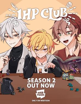 1girl 1hp_club 2boys :d alice_(1hp_club) beanie black_jacket black_shirt blonde_hair bridge_piercing brown_eyes brown_hair character_doll coat collared_shirt d20_(die) d4_(die) d8_(die) dice doll double-parted_bangs dungeons_&amp;_dragons elfboiii everyone eyebrow_piercing face_piercing ffion_(1hp_club) green_eyes grey_eyes grey_hood hair_between_eyes hand_on_own_face hat highres holding holding_dice holding_doll hood hood_down imsh jacket jewelry looking_at_viewer multiple_boys multiple_necklaces multiple_piercings multiple_rings neck_tattoo niffin_(1hp_club) no-one_(1hp_club) obi_(1hp_club) open_mouth piercing pointy_ears polyhedral_dice pouch red_vest ring shirt short_hair single_sidelock smile smirk snake_ring solaire_(1hp_club) tattoo tongue_piercing upper_body vest white_coat white_hair wing_tattoo