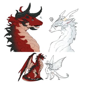 animalization baesong commentary_request dragon feathered_wings flying_sweatdrops gundam gundam_suisei_no_majo korean_commentary looking_at_another miorine_rembran multiple_views no_humans puff_of_air simple_background suletta_mercury western_dragon white_background wings