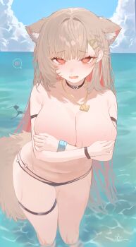 1girl @_@ absurdres animal_ear_fluff animal_ears bikini black_bikini black_choker blue_sky blush braid breasts brown_hair choker cloud commentary_request covering_breasts covering_privates day embarrassed fang hair_intakes hair_ornament highres horizon huge_breasts jewelry long_hair mayu_shirasaki navel necklace ocean open_mouth original outdoors parted_bangs raised_inner_eyebrows red_eyes side_braid signature sky solo sorotu spoken_blush swimsuit tail thigh_strap topless_female triangle_hair_ornament wading wardrobe_malfunction wet