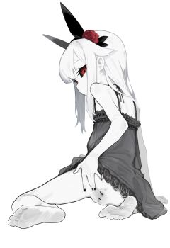 1girl animal_ears anus bar_censor bare_shoulders barefoot black_sclera censored colored_sclera dress expressionless feet flower foreshortening from_behind greyscale hair_flower hair_ornament half-spread_pussy highres hymen lingerie loli looking_at_viewer looking_back matcha_(mattyan) monochrome negligee no_panties null-chan_(mattyan) original pale_skin pointless_censoring pussy rabbit_ears simple_background sitting soles solo spot_color spread_pussy spreading_own_pussy toes underwear virgin