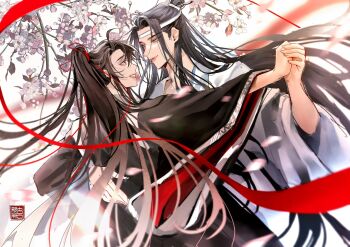 2boys ahoge bishounen black_hair black_hanfu blurry blurry_foreground branch cherry_blossoms chinese_clothes chinese_commentary closed_mouth commentary_request couple dancing eye_contact falling_petals floating_hair flower hair_ribbon hanfu headband high_ponytail highres holding_hands hug lan_wangji long_hair long_sleeves looking_at_another looking_at_viewer loxunzixin31122 male_focus modao_zushi multiple_boys parted_lips petals pink_flower ponytail red_eyes red_ribbon ribbon robe seal_impression sidelocks smile string string_of_fate topknot upper_body very_long_hair wei_wuxian white_background white_flower white_hanfu white_headband wide_sleeves xiao_guan_(headdress) yaoi yellow_eyes