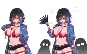 3girls absurdres belt black_hair blue_jacket blue_shorts blush bra breasts chaos_zero_nightmare chest_harness cleavage collar crop_top gloves green_eyes harness highres jacket knife large_breasts long_sleeves looking_at_viewer medium_hair midriff mika_(chaos_zero_nightmare) multicolored_hair multiple_girls navel open_clothes open_jacket open_mouth rayno red_bra red_collar red_gloves rei_(chaos_zero_nightmare) short_shorts shorts spaghetti_strap spiked_collar spikes stomach thigh_strap thighs tressa_(chaos_zero_nightmare) two-tone_hair underwear