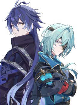 2boys anaxa_(honkai:_star_rail) bags_under_eyes behind_another black_coat blue_hair closed_mouth coat collared_coat commentary_request couple crossed_arms eyepatch flins_(genshin_impact) friends genshin_impact gradient_hair green_eyes green_hair hair_between_eyes hair_intakes head_tilt height_difference highres honkai:_star_rail honkai_(series) in-franchise_crossover kano_kano_777 long_hair long_sleeves looking_to_the_side multicolored_eyes multicolored_hair multiple_boys parted_lips shade simple_background standing upper_body white_background yaoi yellow_eyes