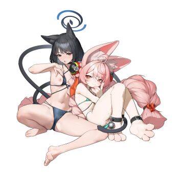 2girls absurdres animal_ears aqua_bikini barefoot beeeeen bikini black_bikini black_hair blue_archive blue_halo breasts cat_ears cat_girl cat_tail commentary crossover furry furry_female halo highres kikyou_(blue_archive) legs looking_at_viewer multiple_girls multiple_tails nipples pink_hair pussy red_eyes short_hair simple_background small_breasts swimsuit tail thighs toes white_background zenless_zone_zero zhao_(zenless_zone_zero)