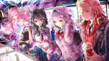 1boy 3girls absurdres animal_ears black_jacket blonde_hair blue_eyes bow bowtie breasts bridal_veil castorice_(honkai:_star_rail) cat_ears cat_girl cat_tail cipher_(honkai:_star_rail) clothes_around_waist commentary_request cup cyrene_(honkai:_star_rail) cyrene_(ripples_of_past_reverie)_(honkai:_star_rail) disposable_cup dress grey_hair halo headphones headphones_around_neck highres holding holding_cup holding_stuffed_toy honkai:_star_rail honkai_(series) indoors jacket long_hair medium_breasts medium_hair mem_(honkai:_star_rail) multiple_girls mydei_(honkai:_star_rail) necktie pink_hair pointy_ears purple_eyes purple_hair purple_sweater red_bow red_bowtie red_necktie red_sweater school school_uniform serafuku stuffed_animal stuffed_toy sweater sweater_around_waist sycisycii tail veil very_long_hair white_dress white_serafuku