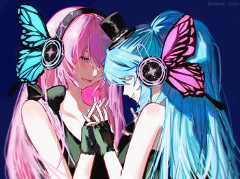 2girls artist_name black_gloves blue_background blue_hair blue_nails butterfly_wings commentary_request fingerless_gloves gloves hat hatsune_miku headphones highres insect_wings long_hair magnet_(vocaloid) megurine_luka mini_hat mini_top_hat multiple_girls nanashi_00014 open_mouth pink_hair top_hat vocaloid wings