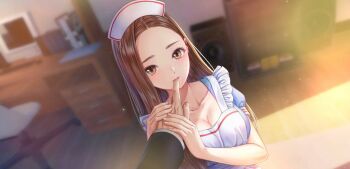 1boy 1girl blue_reflection_(series) blue_reflection_sun breasts cleavage game_cg hat highres ikoma_ayami large_breasts nurse_cap sucking_finger