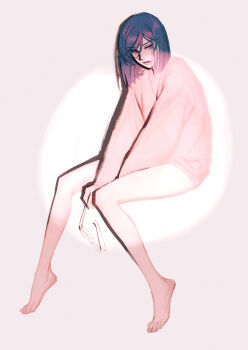 1boy barefoot bob_cut full_body gundam gundam_00 highres holding holding_removed_eyewear huangdanlan long_sleeves male_focus parted_lips pink_shirt pink_sweater purple_hair red_eyes shirt short_hair sweater tieria_erde trap unworn_eyewear