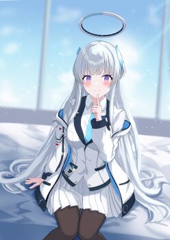 1girl absurdres between_legs black_pantyhose blue_archive blue_necktie blush breasts brown_pantyhose closed_mouth collared_shirt commentary_request finger_to_mouth formal_clothes grey_hair halo hand_between_own_legs hand_up headgear headphones highres id_card jacket large_breasts long_hair long_sleeves looking_at_viewer mechanical_halo millennium_science_school_logo necktie noa_(blue_archive) off_shoulder open_clothes open_jacket pantyhose pleated_skirt purple_eyes shirt sidelocks sitting skirt smile solo suit two-sided_fabric two-sided_jacket very_long_hair white_hair white_halo white_jacket white_shirt white_skirt white_suit yuso_mrk315