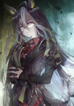 1girl ahoge animal_ears black_hair blue_eyes brown_hair dream_journey_(reminder_of_dreamland)_(umamusume) dream_journey_(umamusume) ear_covers ear_ornament eyewear_strap glasses hair_between_eyes highres horse_ears horse_girl horse_tail lace lace_sleeves long_hair long_sleeves looking_at_viewer multicolored_hair single_ear_cover single_hair_intake solo tail umamusume white_hair yue_(lov_n_n)