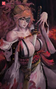 1girl absurdres amputee baiken big_hair breasts center_opening cleavage commentary cowboy_shot eyepatch facial_tattoo guilty_gear guilty_gear_strive highres huge_breasts jacket jacket_on_shoulders japanese_clothes kataginu katana kimono large_breasts long_hair multicolored_kimono open_clothes open_kimono orange_hair painterly parted_lips ponytail ravine_bells sash scabbard scar scar_across_eye scar_on_face sexually_suggestive sheath sheathed skull_print sword sword_between_breasts tattoo torn_sleeve weapon