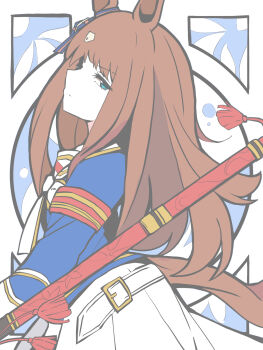 Rule 34 | 1girl, animal ears, blue eyes, blue shirt, brown hair, closed mouth, from side, grass wonder (stone-piercing blue) (umamusume), grass wonder (umamusume), highres, horse ears, horse girl, horse tail, kawamochi (kawauti919), long hair, looking at viewer, looking to the side, multicolored hair, pleated skirt, sailor collar, shirt, skirt, solo, tail, two-tone hair, umamusume, very long hair, white hair, white sailor collar, white skirt