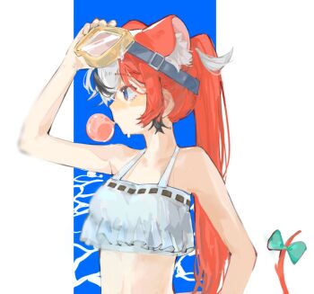 1girl animal_ears blue_eyes bow chewing_gum diving_mask goggles hakos_baelz hei_(hei_0322) hololive hololive_english mouse_ears mouse_tail multicolored_hair ponytail red_hair streaked_hair tail tail_bow tail_ornament virtual_youtuber