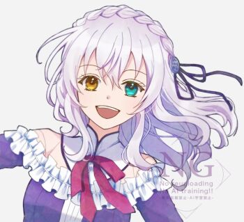 1girl aono_(aonocrotowa) bare_shoulders braid crown_braid detached_collar double-parted_bangs dress eiyuu_densetsu english_text floating_hair frilled_dress frills grey_background hair_between_eyes heterochromia kai_no_kiseki kuro_no_kiseki_(series) lapis_rosenberg long_hair looking_at_viewer off-shoulder_dress off_shoulder open_mouth simple_background smile solo watermark white_hair