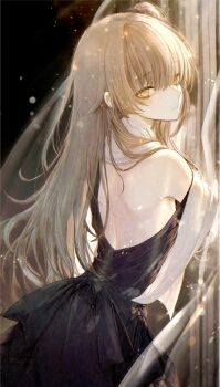 1girl absurdres backless_dress backless_outfit bare_shoulders black_dress blush breasts brown_hair dress girls&#039;_frontline girls&#039;_frontline_2:_exilium highres indoors long_hair looking_at_viewer renoahh scar scar_across_eye scar_on_face small_breasts smile solo ump45_(girls&#039;_frontline) yellow_eyes