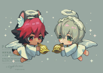 2boys alternate_costume angel angel_wings animal_ear_fluff animal_ears artist_name barefoot black_hair blush chibi chibi_only commentary_request conch dog_boy dog_ears dress egokihcomo fake_halo fake_wings full_body green_eyes grey_background grey_hair hair_between_eyes halo komano_manato looking_at_another male_focus multicolored_hair multiple_boys red_eyes red_hair scar scar_across_eye scar_on_face star_(sky) v-shaped_eyebrows white_dress white_halo white_headdress white_wings wings wise_(zenless_zone_zero) zenless_zone_zero