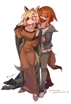 2girls alternate_costume animal_ears arknights behind_another blonde_hair breasts casual collarbone commentary_request crownslayer_(arknights) dress earrings eirene_lavazza_(arknights) english_text extra_ears eyepatch full_body grey_jacket grey_pants hair_ornament hairclip highres hyena_ears hyena_girl hyena_tail jacket jewelry large_breasts long_dress long_sleeves mask medium_hair mouth_mask multiple_girls orange_dress pants red_eyes red_hair shadow71580825 shoes smile sneakers standing tail twitter_username white_background wolf_ears wolf_girl wolf_tail yuri