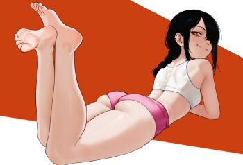 1girl ass bare_shoulders black_hair braid braided_ponytail breasts chainsaw_man closed_mouth ear_piercing feet_up from_behind full_body hair_over_one_eye highres loli long_hair looking_at_viewer looking_back lying nayuta_(chainsaw_man) on_stomach orange_background orange_eyes piercing pink_shorts shaardy short_shorts shorts small_breasts smile soles solo sports_bra the_pose toes two-tone_background white_background white_sports_bra