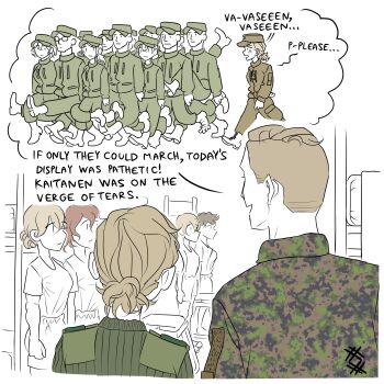 6+boys 6+girls absurdres artist_logo barefoot bed blonde_hair boots brown_hair bunk_bed camouflage camouflage_jacket english_text finnish_army from_behind green_headwear green_jacket green_pants green_sweater hat highres jacket logo military military_uniform multiple_boys multiple_girls original ostwindprojekt pants partially_colored shirt shirt_tucked_in short_hair shorts sketch standing_at_attention sweater walking white_background