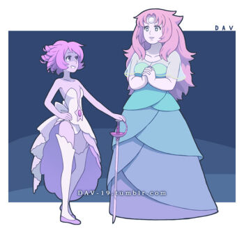 80s_pearl breasts clothing_cutout curly_hair dav-19 dress gem_(steven_universe) long_hair pearl_(steven_universe) pink_hair rose&#039;s_sword_(steven_universe) rose_quartz_universe short_hair smile star_cutout steven_universe stomach_jewel very_long_hair weapon white_dress