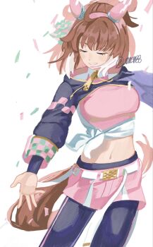 1girl ahoge animal_ears black_leggings black_shrug blush bow breasts brown_hair checkered_ribbon closed_eyes dantsu_flame_(center_spotlight)_(umamusume) dantsu_flame_(umamusume) ear_covers ear_ornament ear_ribbon hair_between_eyes highres horse_ears horse_girl horse_tail large_breasts leggings leggings_under_shorts multicolored_hair navel open_mouth pink_shirt pink_shorts shirt shorts shrug_(clothing) smile solo tail tied_shirt umamusume ummsm_88 white_hair white_shirt