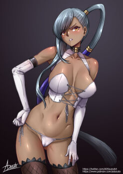 1girl adsouto bikini breasts bustier code_geass contrapposto dark-skinned_female dark_skin elbow_gloves fishnet_thighhighs fishnets gloves grey_hair hand_on_own_hip hand_on_own_thigh highres large_breasts long_hair navel orange_eyes parted_lips side-tie_bikini_bottom side_ponytail signature solo swimsuit thighhighs variant_set very_long_hair villetta_nu white_bustier white_gloves