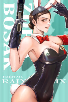 1girl absurdres animal_ears armband black_gloves bow bowtie breasts brown_eyes brown_hair cleavage covered_navel detached_collar fake_animal_ears fake_tail gloves gun hairtail hat highres holding holding_gun holding_weapon medal playboy_bunny rainbow_six rainbow_six_siege red_bow red_bowtie solo tail weapon zofia_(rainbow_six_siege)