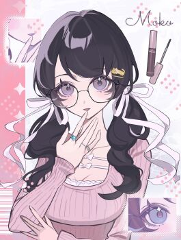 1girl black_hair blush breasts cleavage collarbone commentary_request cosmetics eyelashes finger_to_mouth glasses hair_ribbon highres jewelry large_breasts long_hair long_sleeves looking_at_viewer low_twintails multiple_rings noge_tomoko open_mouth persona persona_5 persona_5:_the_phantom_x pink_sweater purple_eyes ribbed_sweater ribbon ring rndrnd79 solo sparkle sweater twintails upper_body white_ribbon