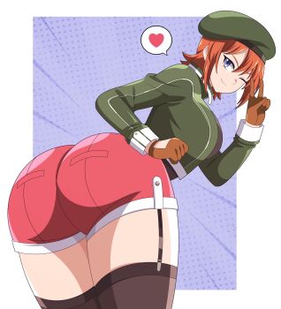 1girl absurdres abysswatchers ao_no_kiseki ass ass_focus bent_over beret black_socks blue_background blue_eyes bob_cut border brown_gloves commission cropped_jacket double-parted_bangs eiyuu_densetsu from_behind gloves green_hat hair_between_eyes hat highres huge_ass long_sleeves looking_back noel_seeker one_eye_closed orange_hair over-kneehighs presenting presenting_ass short_hair shorts simple_background socks solo thighhighs v white_border zero_no_kiseki