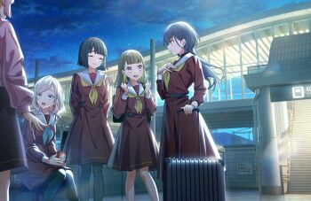 5girls :d anyoji_hime aqua_neckerchief arms_behind_back black_pantyhose blunt_bangs braid brown_dress brown_hair can center-flap_bangs ceras_yanagida_lilienfeld dress drink_can game_cg grey_hair hair_ornament hair_ribbon hasu_no_sora_school_uniform highres holding holding_can holding_suitcase hood hood_down hooded_jacket jacket jellyfish_cut kachimachi_kosuzu katsuragi_izumi link!_like!_love_live! long_hair long_sleeves love_live! medium_dress momose_ginko multiple_girls neckerchief night night_sky non-web_source official_art on_bench open_mouth outdoors pantyhose pink_eyes pink_jacket pink_ribbon pleated_dress ribbon rolling_suitcase sailor_collar sailor_dress school_uniform side_braids sitting sky smile stairs star_(sky) starry_sky suitcase triangle_hair_ornament virtual_youtuber white_sailor_collar winter_uniform yellow_neckerchief