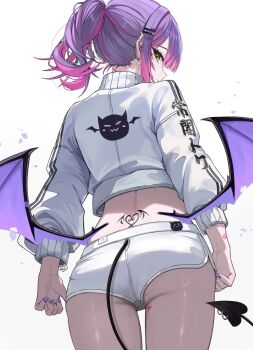 1girl alternate_costume ass clothing_cutout colored_inner_hair commentary cross cross_earrings demon_girl demon_tail demon_wings ear_piercing earrings from_behind green_eyes hair_ornament hairclip highres hololive jacket jewelry kkato looking_at_viewer looking_back low_wings multicolored_hair parallel_hairclips piercing pink_hair pointy_ears ponytail purple_hair short_hair short_shorts shorts simple_background solo spiked_ear_piercing streaked_hair tail tail_ornament tail_piercing tail_through_clothes tattoo tokoyami_towa virtual_youtuber white_background white_jacket winged_heart winged_heart_tattoo wings