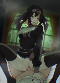 1boy 1girl absurdres black_hair black_hat black_nails black_shirt blonde_hair blur_censor blush breast_curtains censored commentary_request cowgirl_position female_pubic_hair fingernails hat hetero highres idolmaster idolmaster_shiny_colors ikaruga_luca long_sleeves m_legs mayj1816 multicolored_hair nail_polish penis pov pov_crotch pubic_hair pussy saliva sex shirt sparse_pubic_hair spread_legs straddling streaked_hair sweat thunder two-tone_hair vaginal white_shirt